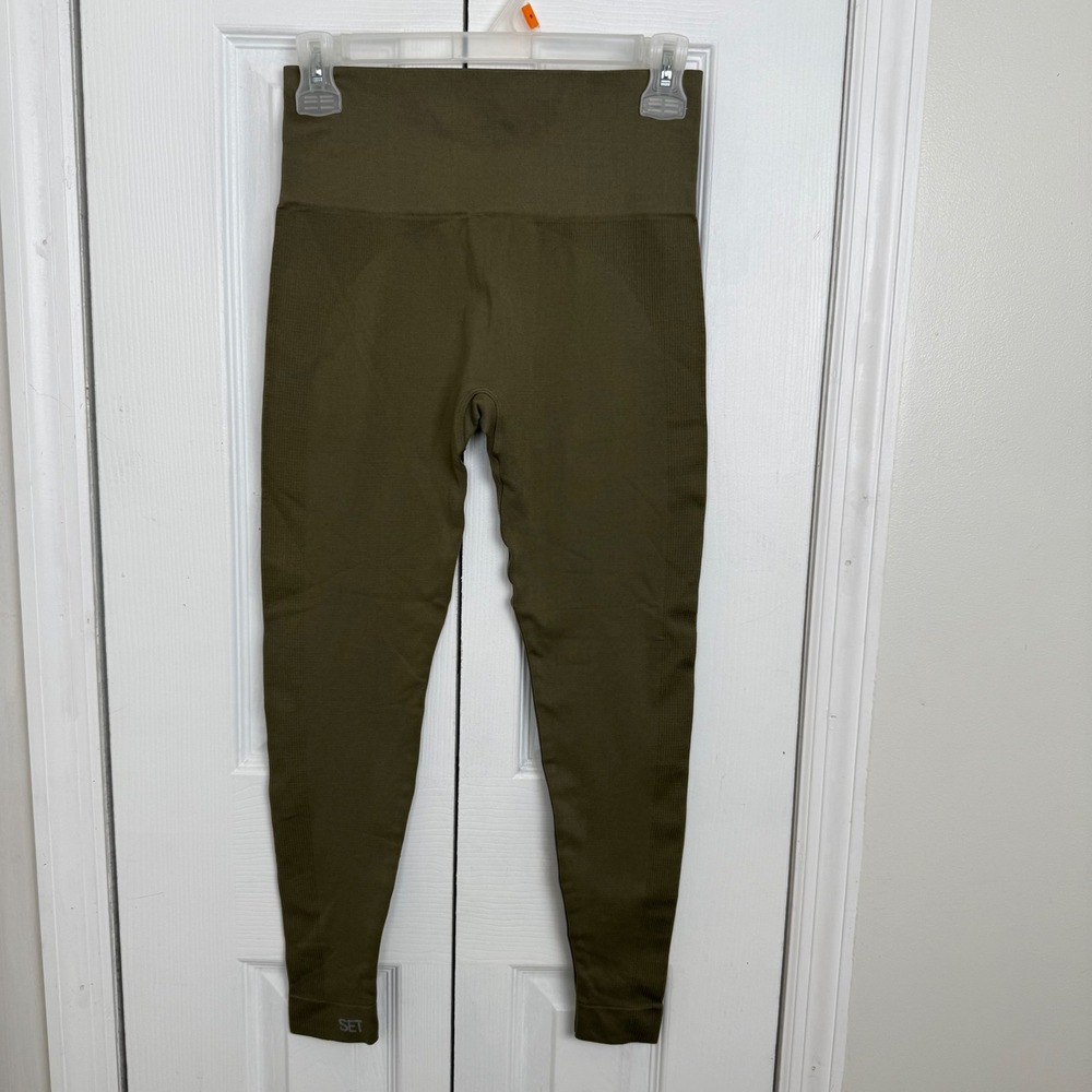 SET Active Ribbed Leggings Size‎ M Olive Green High Waisted Seamless Athleisure